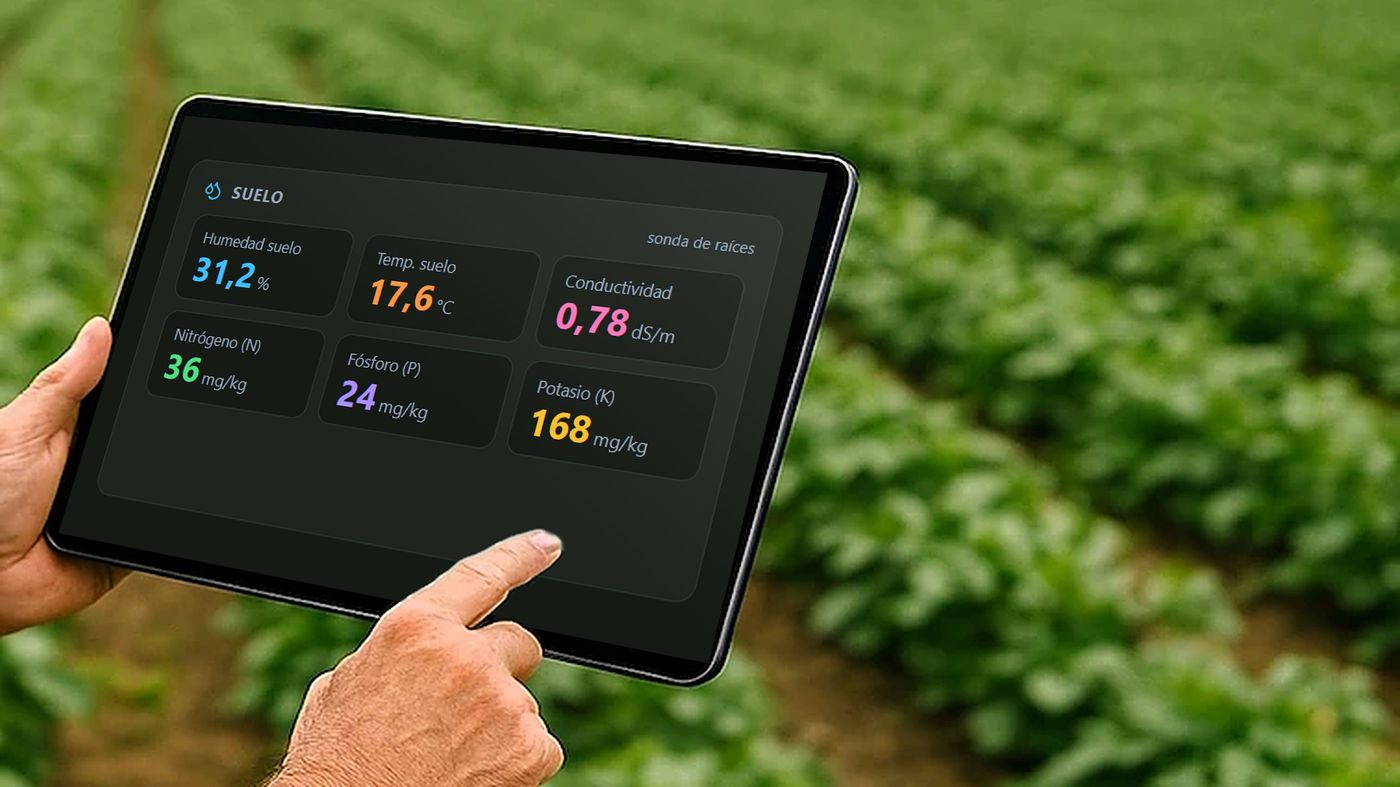 Tablet con las lecturas de suelo de CeresAI sobre un cultivo.